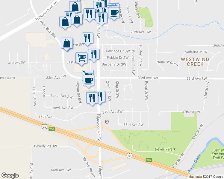 map of restaurants, bars, coffee shops, grocery stores, and more near 3409 Queen Drive Southwest in Cedar Rapids