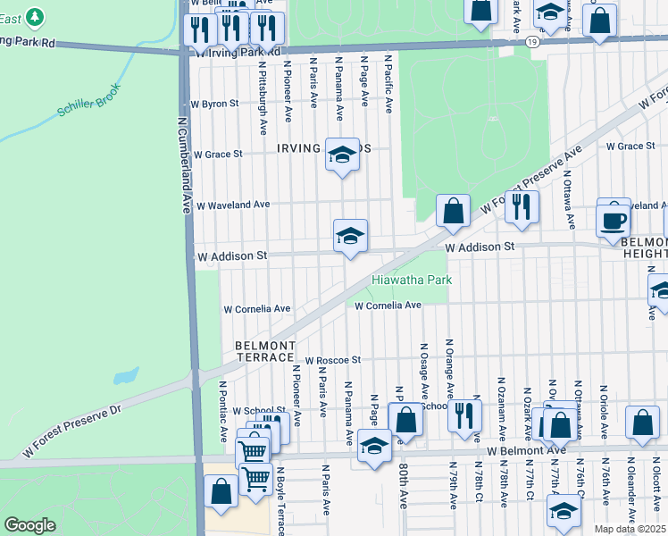 map of restaurants, bars, coffee shops, grocery stores, and more near 3546 North Panama Avenue in Chicago