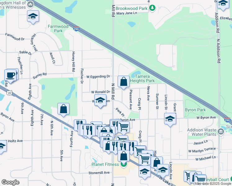 map of restaurants, bars, coffee shops, grocery stores, and more near 925 North Mill Road in Addison