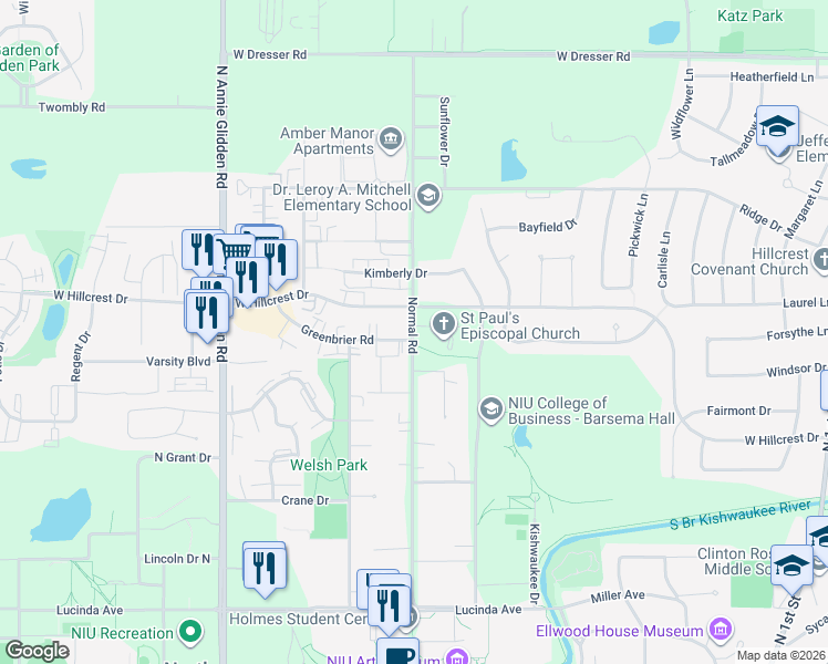 map of restaurants, bars, coffee shops, grocery stores, and more near 910 Normal Road in DeKalb