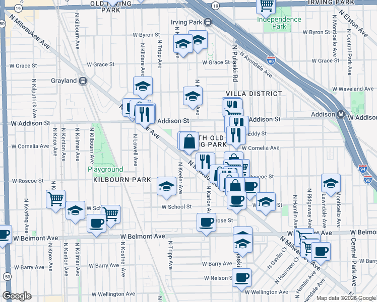 map of restaurants, bars, coffee shops, grocery stores, and more near 3456 North Kedvale Avenue in Chicago