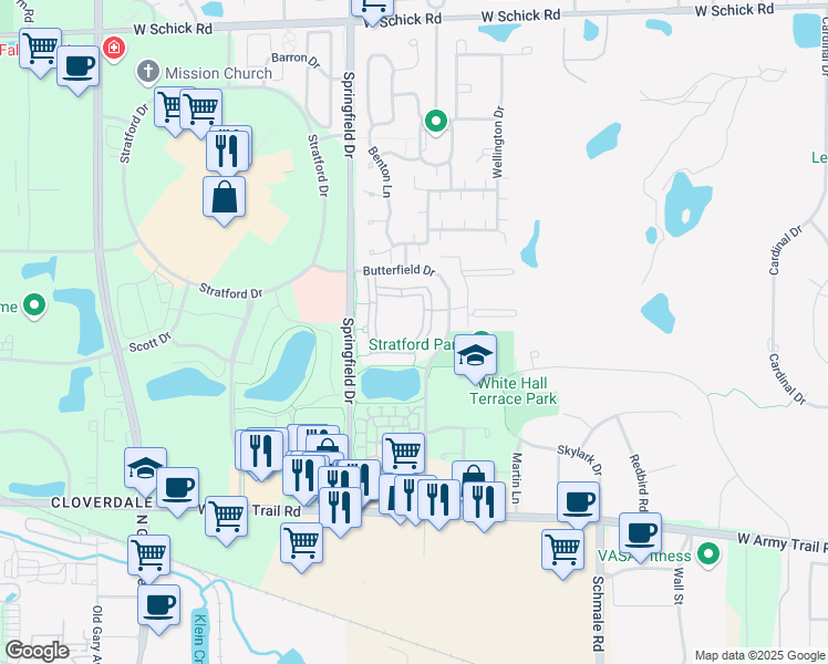 map of restaurants, bars, coffee shops, grocery stores, and more near 327 Stratford Place in Bloomingdale
