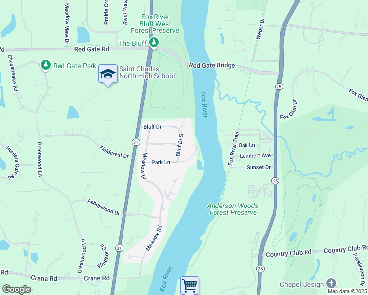 map of restaurants, bars, coffee shops, grocery stores, and more near 5N187 Bluff Drive South in St. Charles
