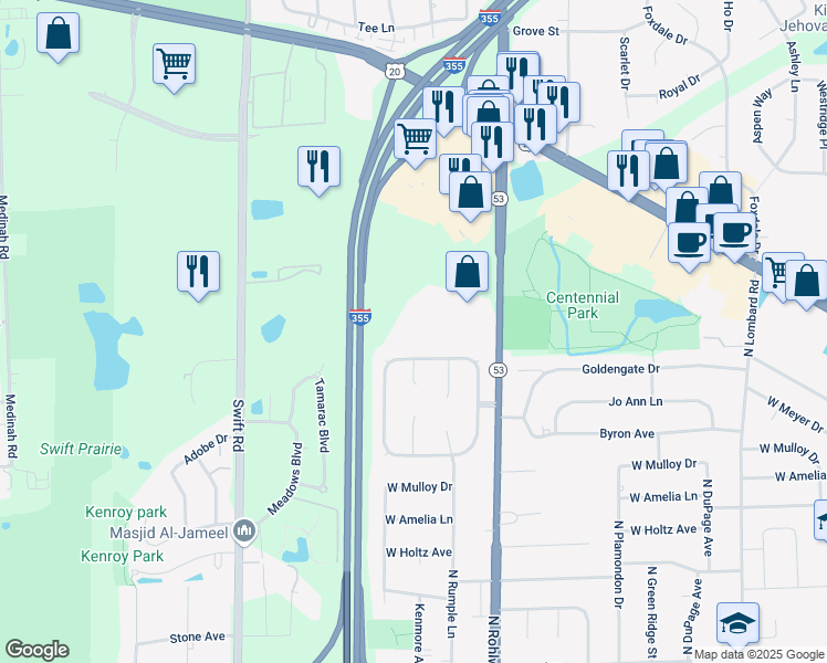 map of restaurants, bars, coffee shops, grocery stores, and more near 970 North Rohlwing Road in Addison