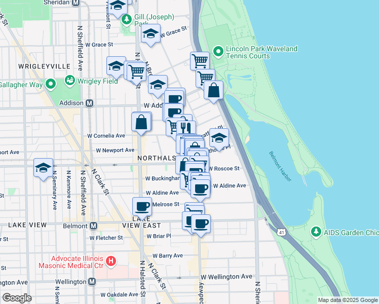map of restaurants, bars, coffee shops, grocery stores, and more near 3473 North Broadway in Chicago