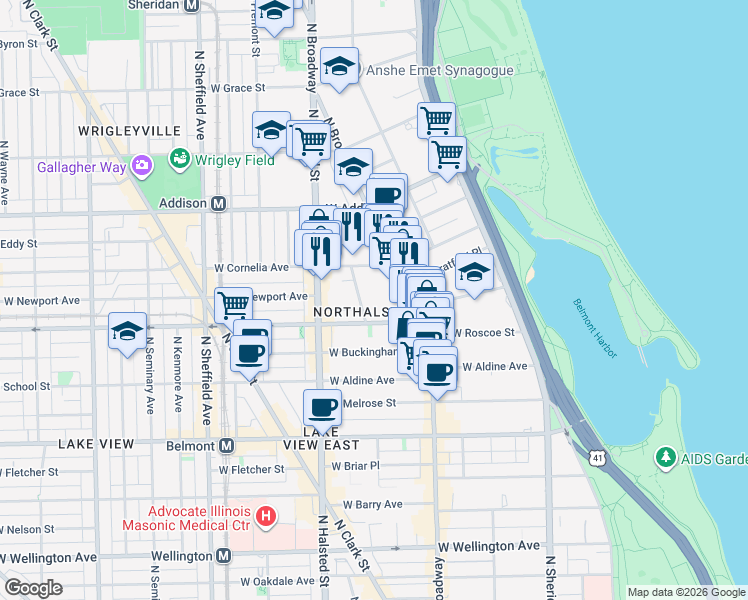 map of restaurants, bars, coffee shops, grocery stores, and more near 3421 North Elaine Place in Chicago