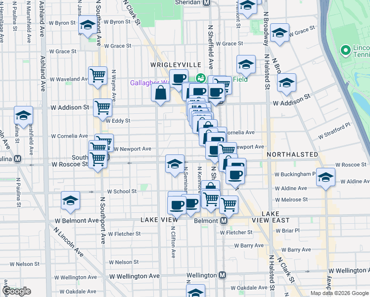 map of restaurants, bars, coffee shops, grocery stores, and more near 1108 West Newport Avenue in Chicago