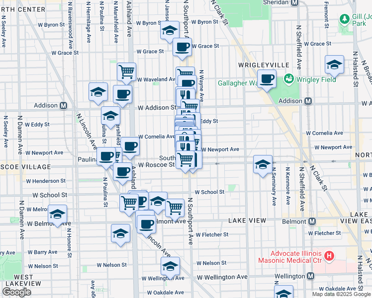 map of restaurants, bars, coffee shops, grocery stores, and more near 3434 North Southport Avenue in Chicago