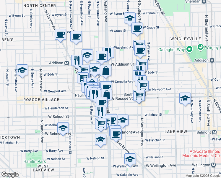 map of restaurants, bars, coffee shops, grocery stores, and more near 3438 North Ashland Avenue in Chicago