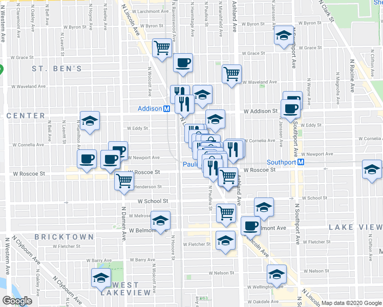 map of restaurants, bars, coffee shops, grocery stores, and more near 3441 North Lincoln Avenue in Chicago