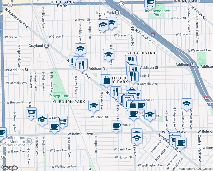 map of restaurants, bars, coffee shops, grocery stores, and more near 4177 West Cornelia Avenue in Chicago