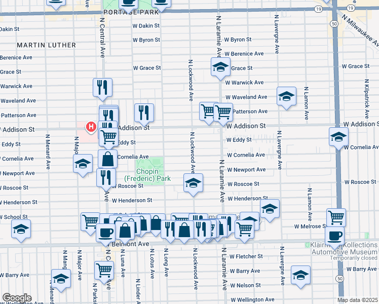 map of restaurants, bars, coffee shops, grocery stores, and more near 5252 West Cornelia Avenue in Chicago