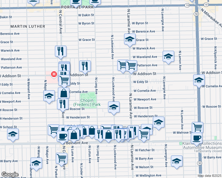 map of restaurants, bars, coffee shops, grocery stores, and more near 5252 West Cornelia Avenue in Chicago
