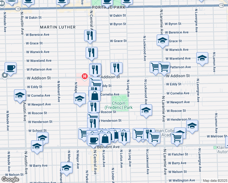 map of restaurants, bars, coffee shops, grocery stores, and more near 5440 West Cornelia Avenue in Chicago