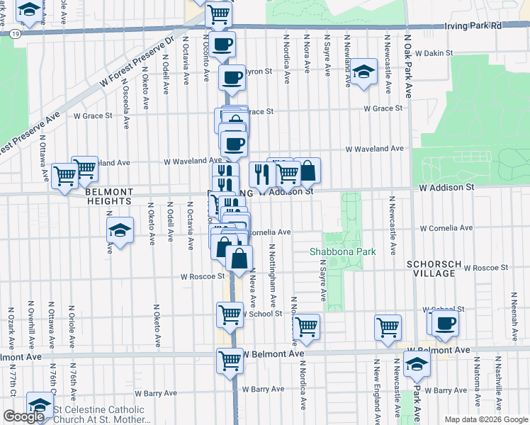 map of restaurants, bars, coffee shops, grocery stores, and more near 3531 North Neva Avenue in Chicago