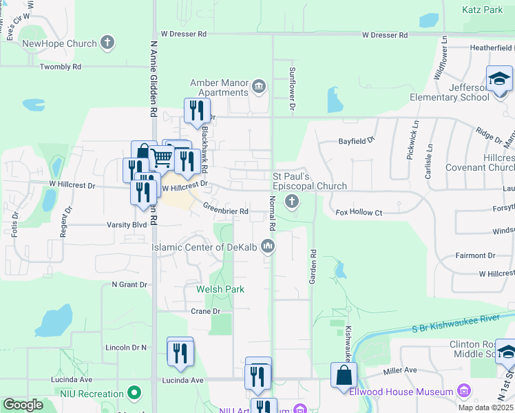 map of restaurants, bars, coffee shops, grocery stores, and more near 817 Greenbrier Road in DeKalb