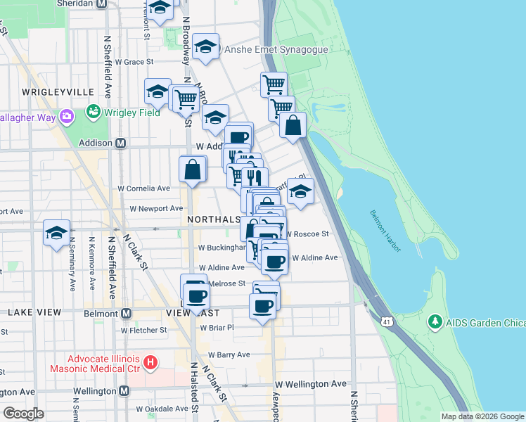 map of restaurants, bars, coffee shops, grocery stores, and more near 588 West Hawthorne Place in Chicago
