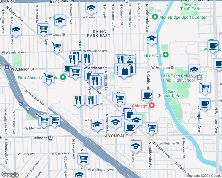 map of restaurants, bars, coffee shops, grocery stores, and more near 3012 West Newport Avenue in Chicago