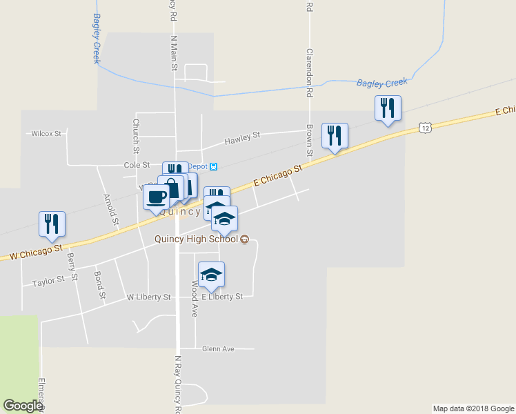 map of restaurants, bars, coffee shops, grocery stores, and more near 72 East Jefferson Street in Quincy