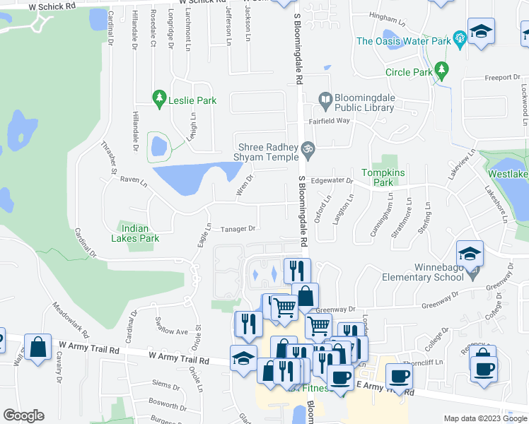 map of restaurants, bars, coffee shops, grocery stores, and more near 102 Tanager Drive in Bloomingdale