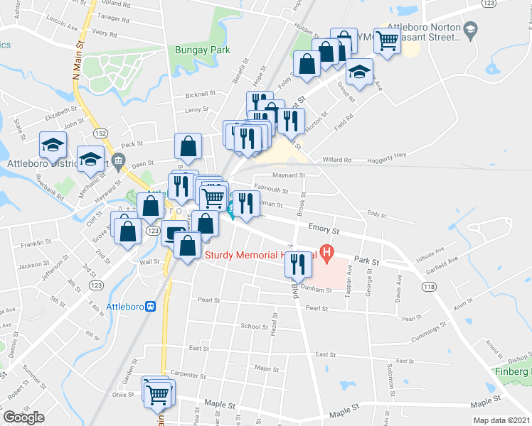 map of restaurants, bars, coffee shops, grocery stores, and more near 28 Emory Street in Attleboro