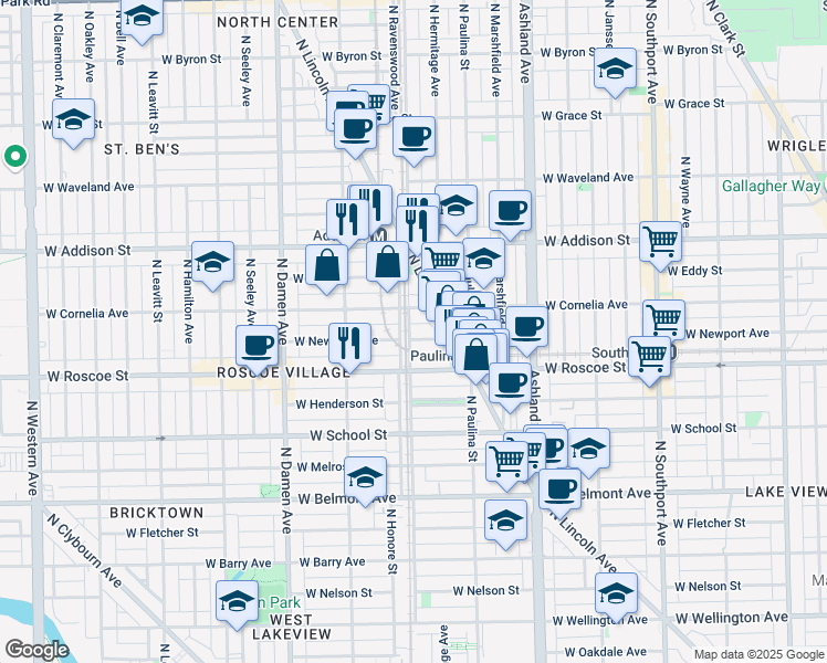 map of restaurants, bars, coffee shops, grocery stores, and more near 1756 West Newport Avenue in Chicago