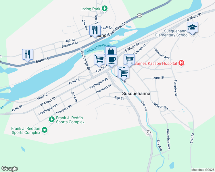 map of restaurants, bars, coffee shops, grocery stores, and more near 200 Prospect Street in Susquehanna