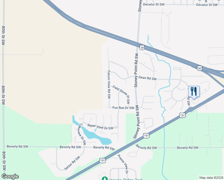 map of restaurants, bars, coffee shops, grocery stores, and more near 3425 Falcon View Road Southwest in Cedar Rapids