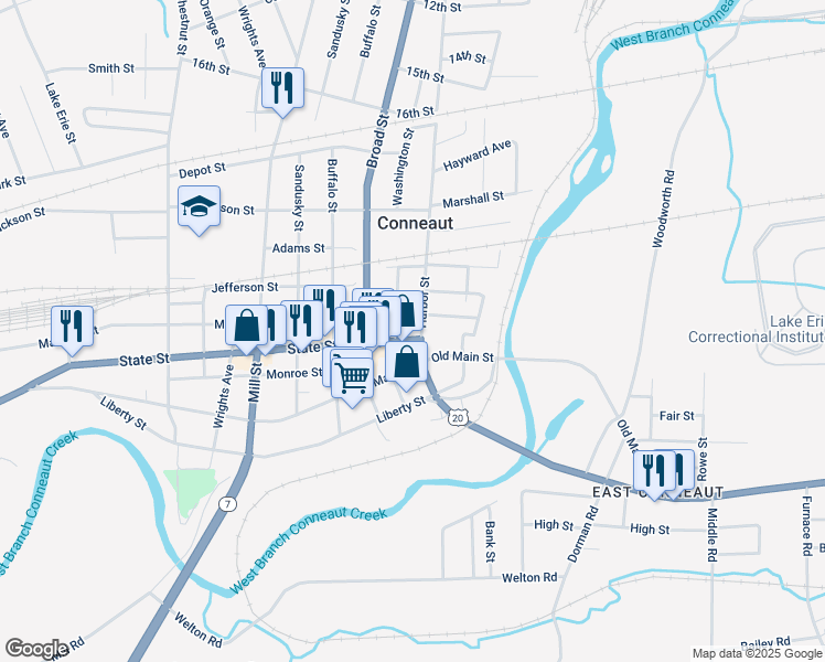 map of restaurants, bars, coffee shops, grocery stores, and more near 220 State St in Conneaut