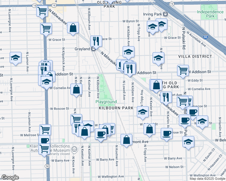 map of restaurants, bars, coffee shops, grocery stores, and more near 3500 North Kostner Avenue in Chicago