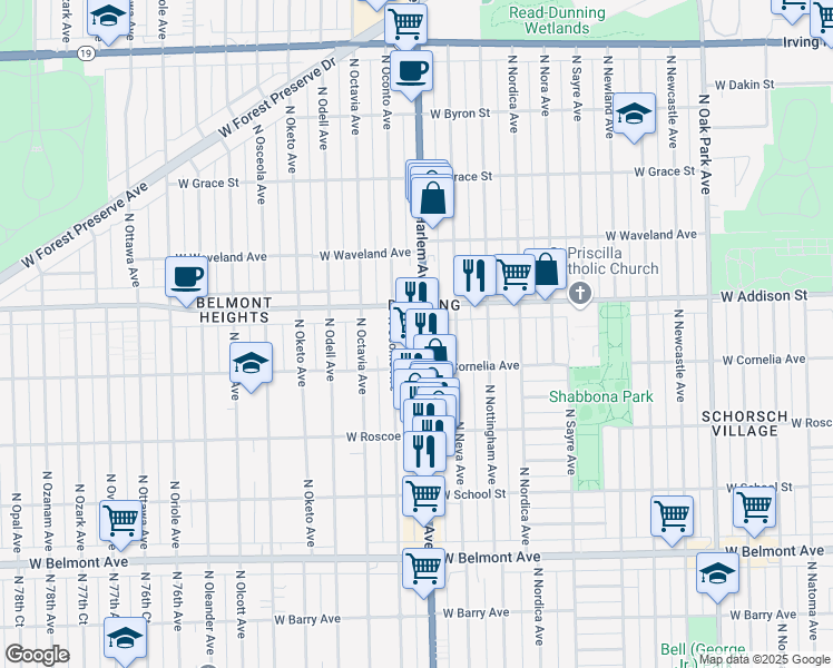 map of restaurants, bars, coffee shops, grocery stores, and more near 3540 North Harlem Avenue in Chicago