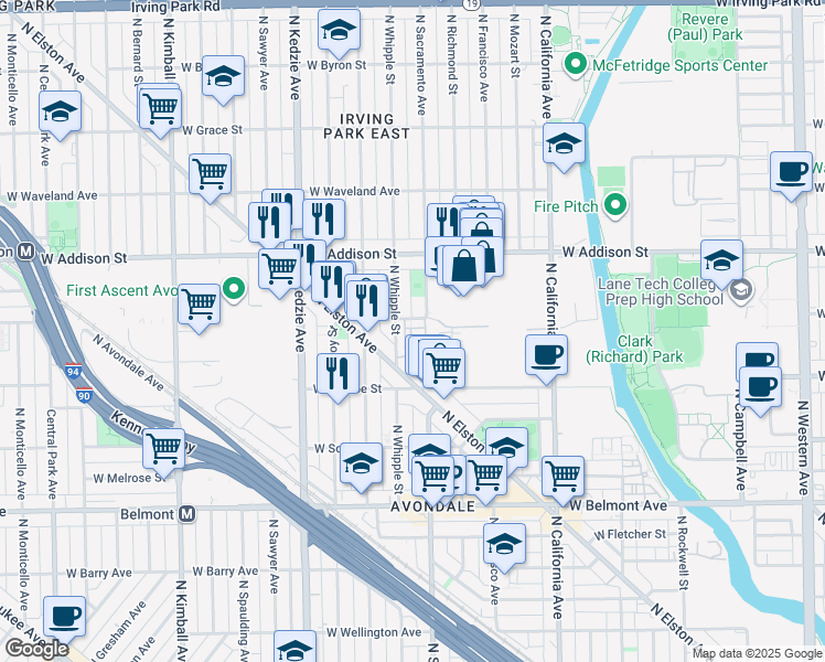 map of restaurants, bars, coffee shops, grocery stores, and more near 3012 West Newport Avenue in Chicago