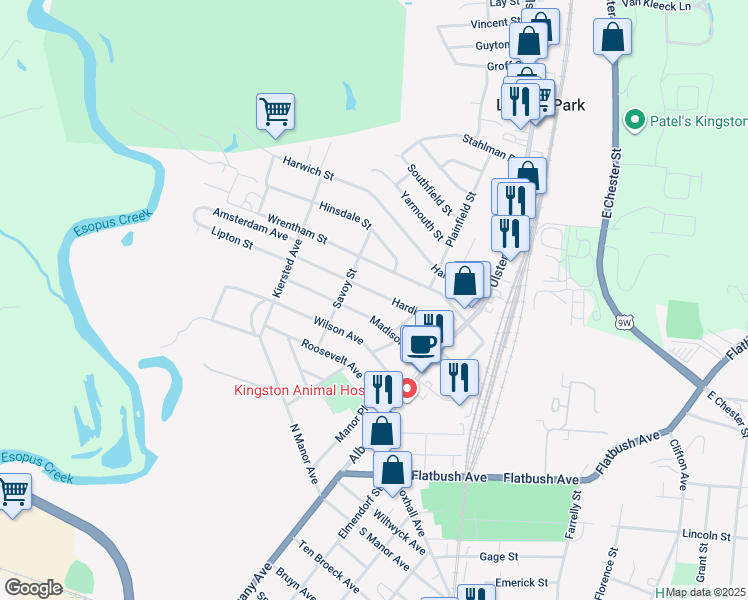 map of restaurants, bars, coffee shops, grocery stores, and more near 77 Harding Ave in Kingston