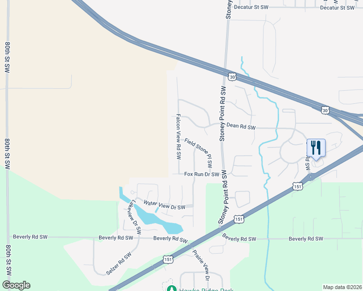 map of restaurants, bars, coffee shops, grocery stores, and more near 3425 Falcon View Road Southwest in Cedar Rapids