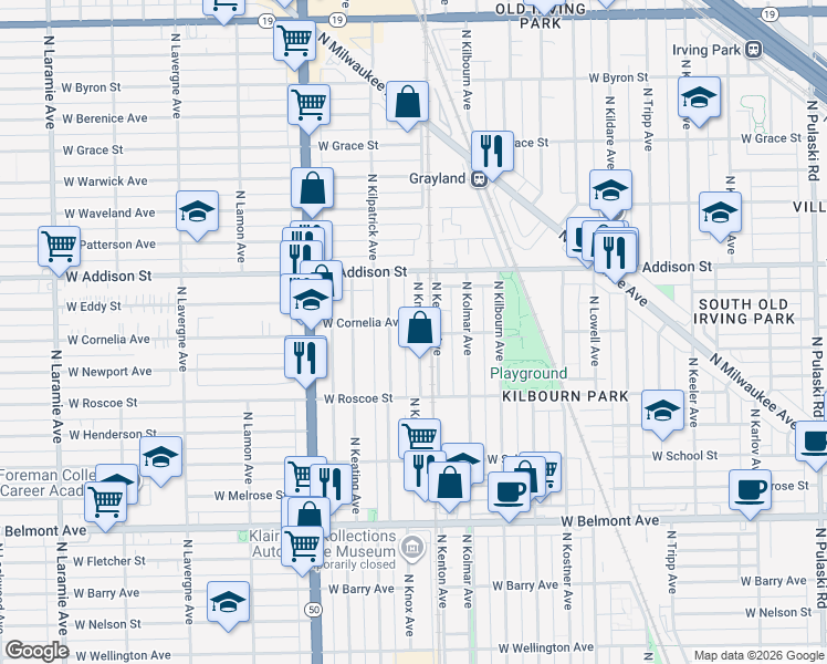map of restaurants, bars, coffee shops, grocery stores, and more near 4601 West Addison Street in Chicago