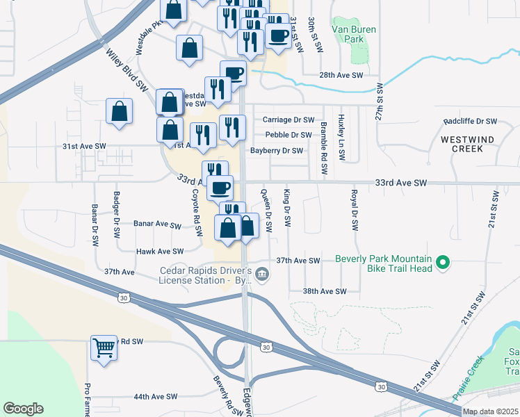 map of restaurants, bars, coffee shops, grocery stores, and more near 3404 Queen Drive Southwest in Cedar Rapids