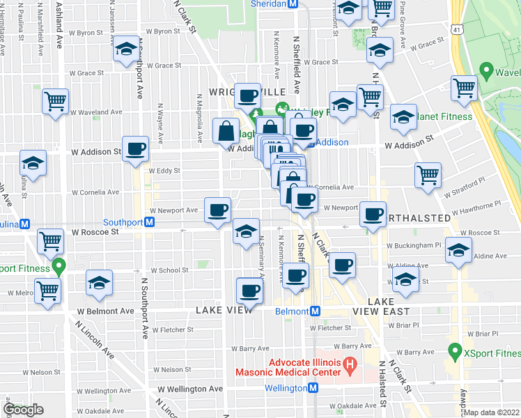 map of restaurants, bars, coffee shops, grocery stores, and more near N Seminary Ave & W Newport Ave in Chicago