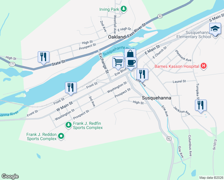 map of restaurants, bars, coffee shops, grocery stores, and more near 300 Washington Street in Susquehanna