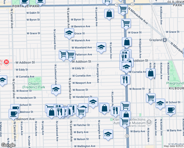 map of restaurants, bars, coffee shops, grocery stores, and more near 5022 West Cornelia Avenue in Chicago