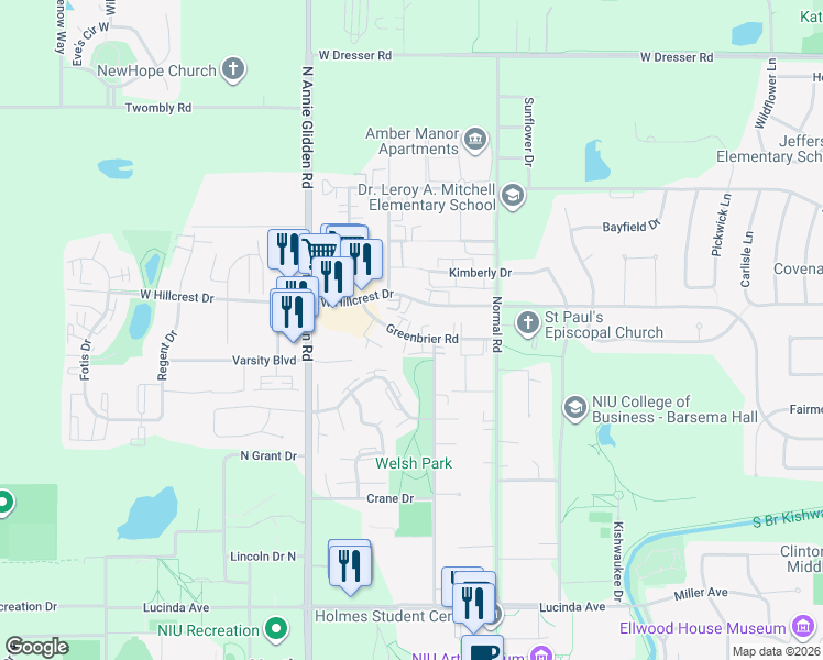 map of restaurants, bars, coffee shops, grocery stores, and more near 911 Greenbrier Road in DeKalb