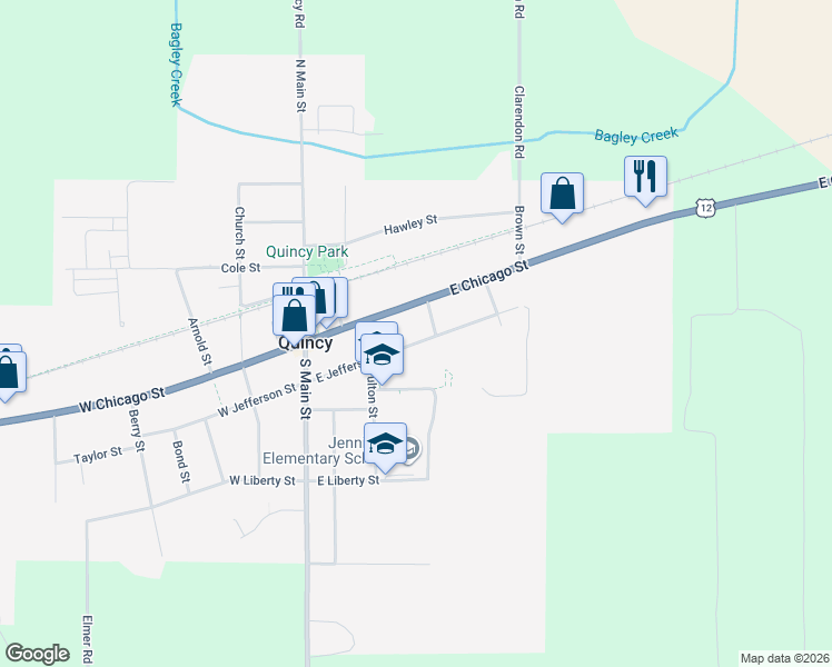 map of restaurants, bars, coffee shops, grocery stores, and more near 71 East Jefferson Street in Quincy