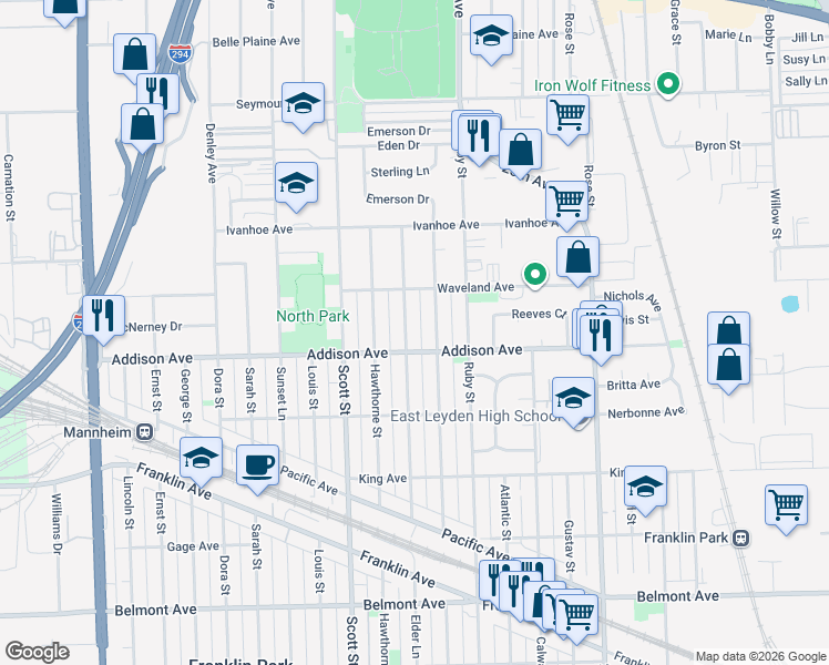 map of restaurants, bars, coffee shops, grocery stores, and more near 3607 Elder Lane in Franklin Park
