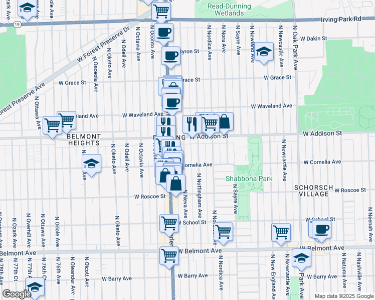 map of restaurants, bars, coffee shops, grocery stores, and more near 3531 North Neva Avenue in Chicago