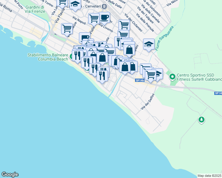 map of restaurants, bars, coffee shops, grocery stores, and more near 34 Via del Lavatore in Ladispoli