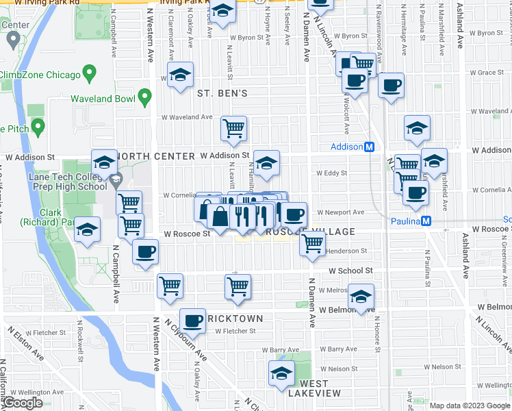 map of restaurants, bars, coffee shops, grocery stores, and more near 3443 North Hamilton Avenue in Chicago