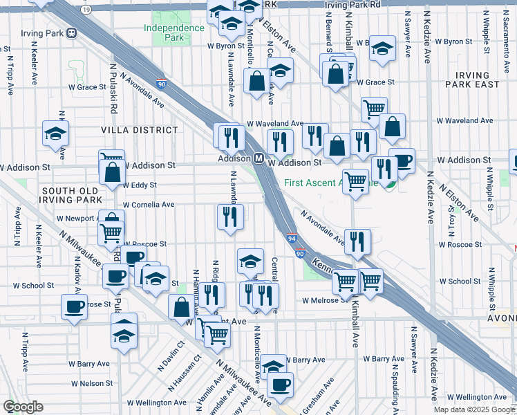 map of restaurants, bars, coffee shops, grocery stores, and more near 3455 North Monticello Avenue in Chicago