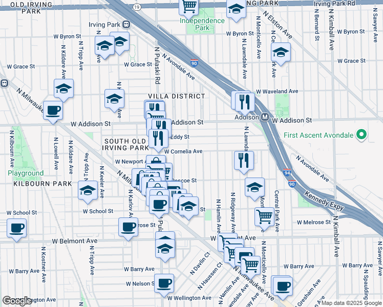 map of restaurants, bars, coffee shops, grocery stores, and more near 3457 North Springfield Avenue in Chicago