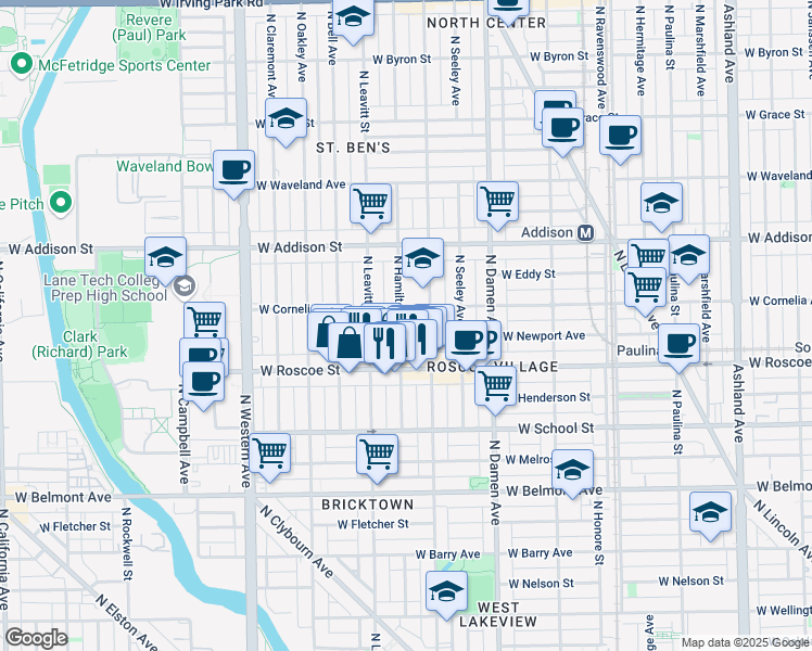 map of restaurants, bars, coffee shops, grocery stores, and more near 3443 North Hamilton Avenue in Chicago