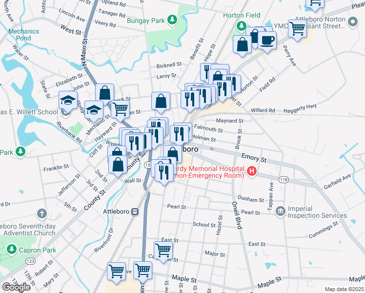 map of restaurants, bars, coffee shops, grocery stores, and more near 8 Pleasant Street in Attleboro