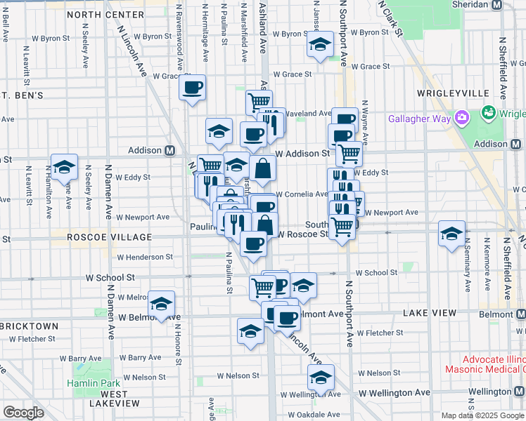 map of restaurants, bars, coffee shops, grocery stores, and more near 3438 North Ashland Avenue in Chicago